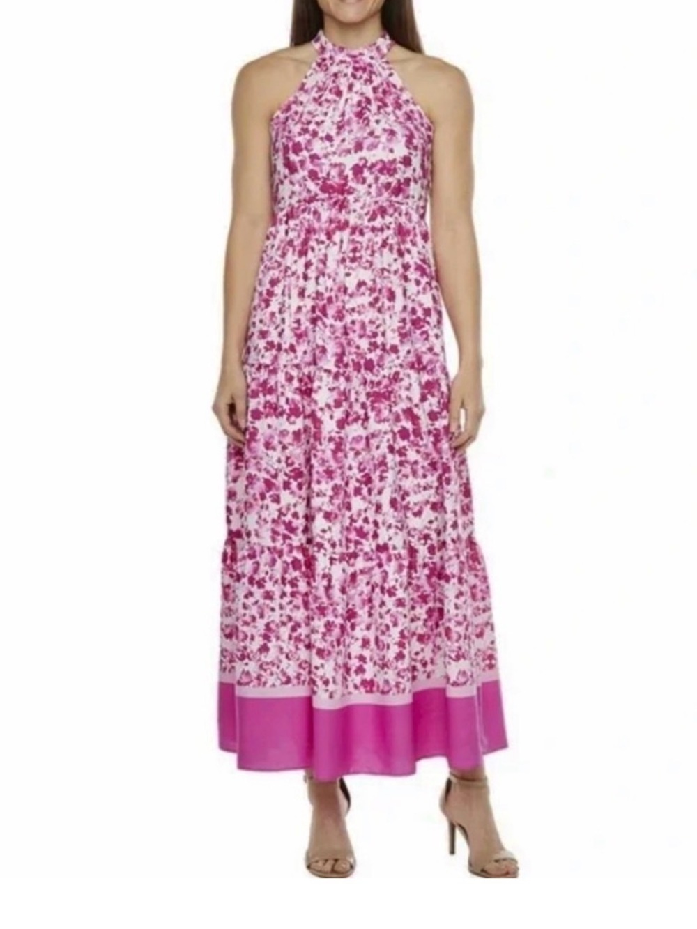Melonie T Floral Halter Maxi Dress - White & Fuchsia